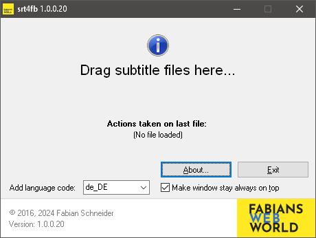 Screenshot srt4fb: Fenster mit Inhalt "Drag subtitles here..."