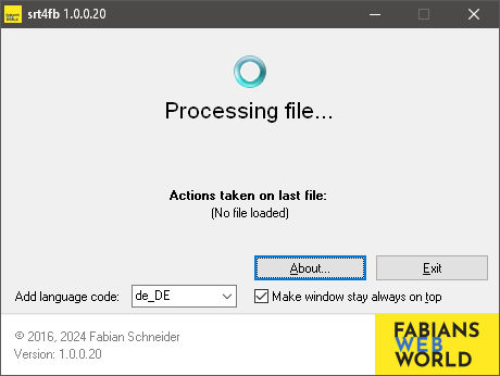 Screenshot srt4fb: Fenster mit Inhalt "Processing file..."
