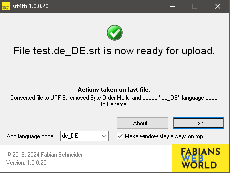 Screenshot srt4fb: Fenster mit Inhalt "File is now ready for upload."